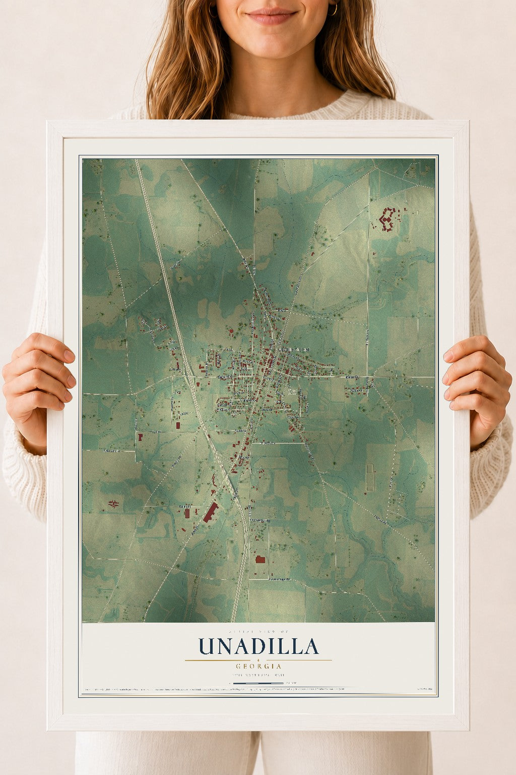 Unadilla, Georgia map print, 18" x 24" W/ White Ayous Wood Frame mockup
