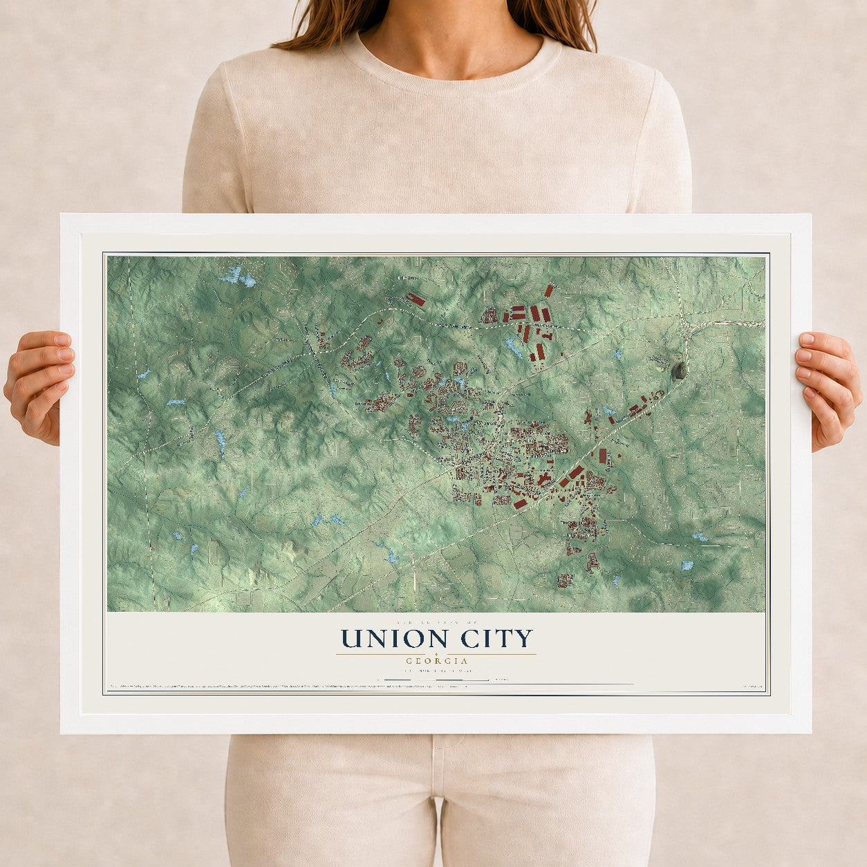 Union City, Georgia map print, 12" x 18" W/ White Ayous Wood Frame mockup
