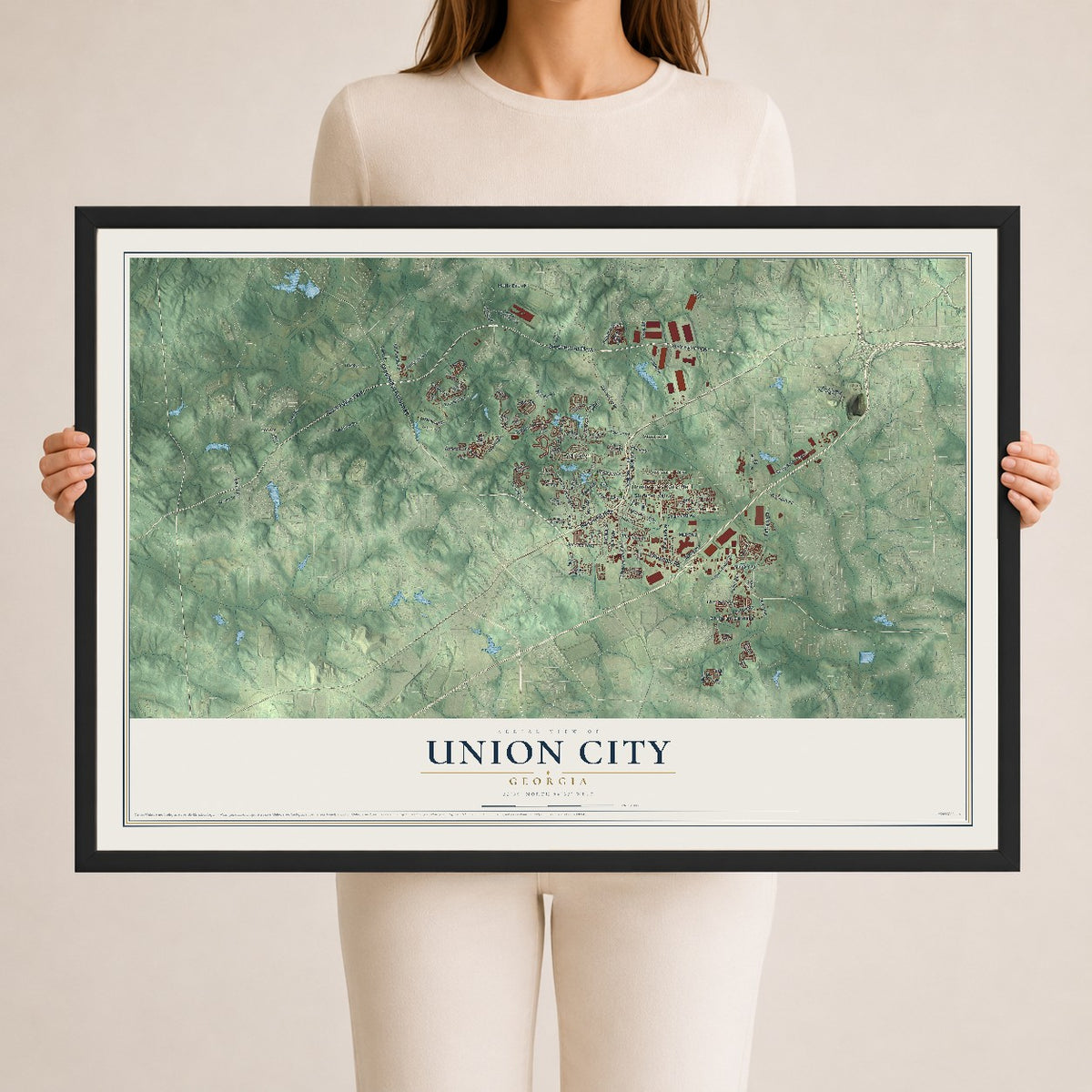 Union City, Georgia map print, 24" x 36" W/ Black Ayous Wood Frame mockup