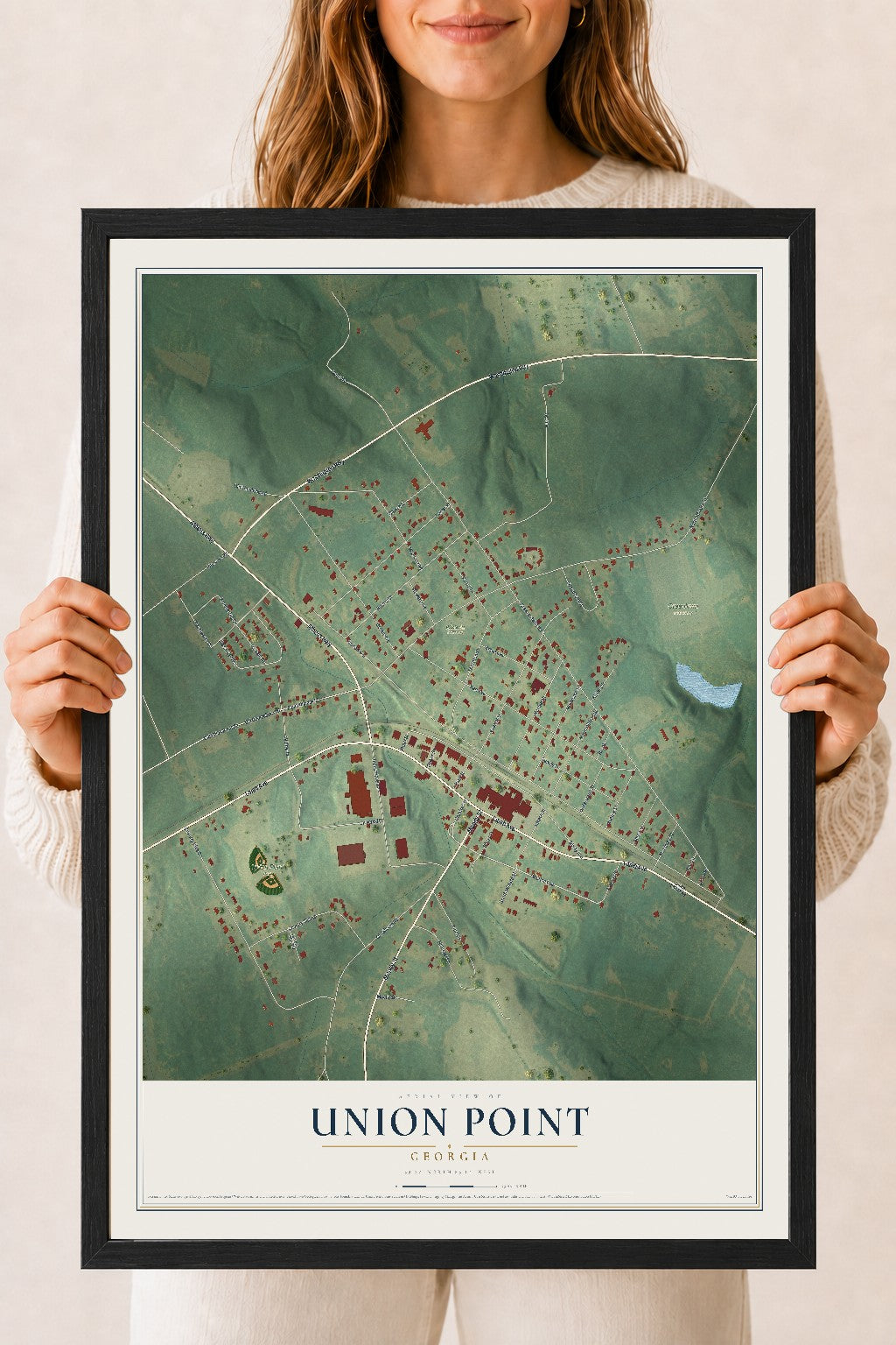 Union Point, Georgia map print, 18" x 24" W/ Black Ayous Wood Frame mockup
