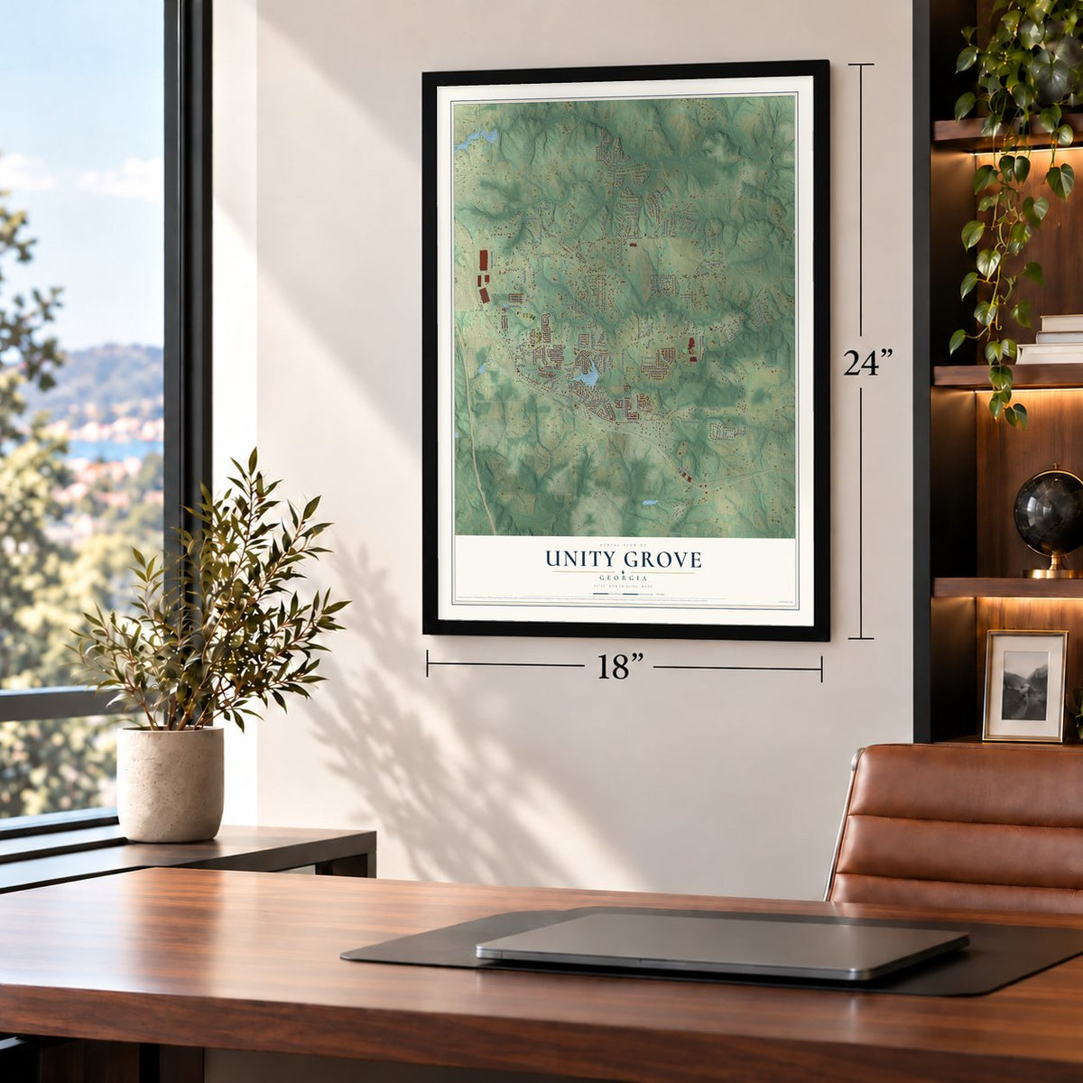 Unity Grove, Georgia map, 18 x 24 inch print in a black frame in a home office