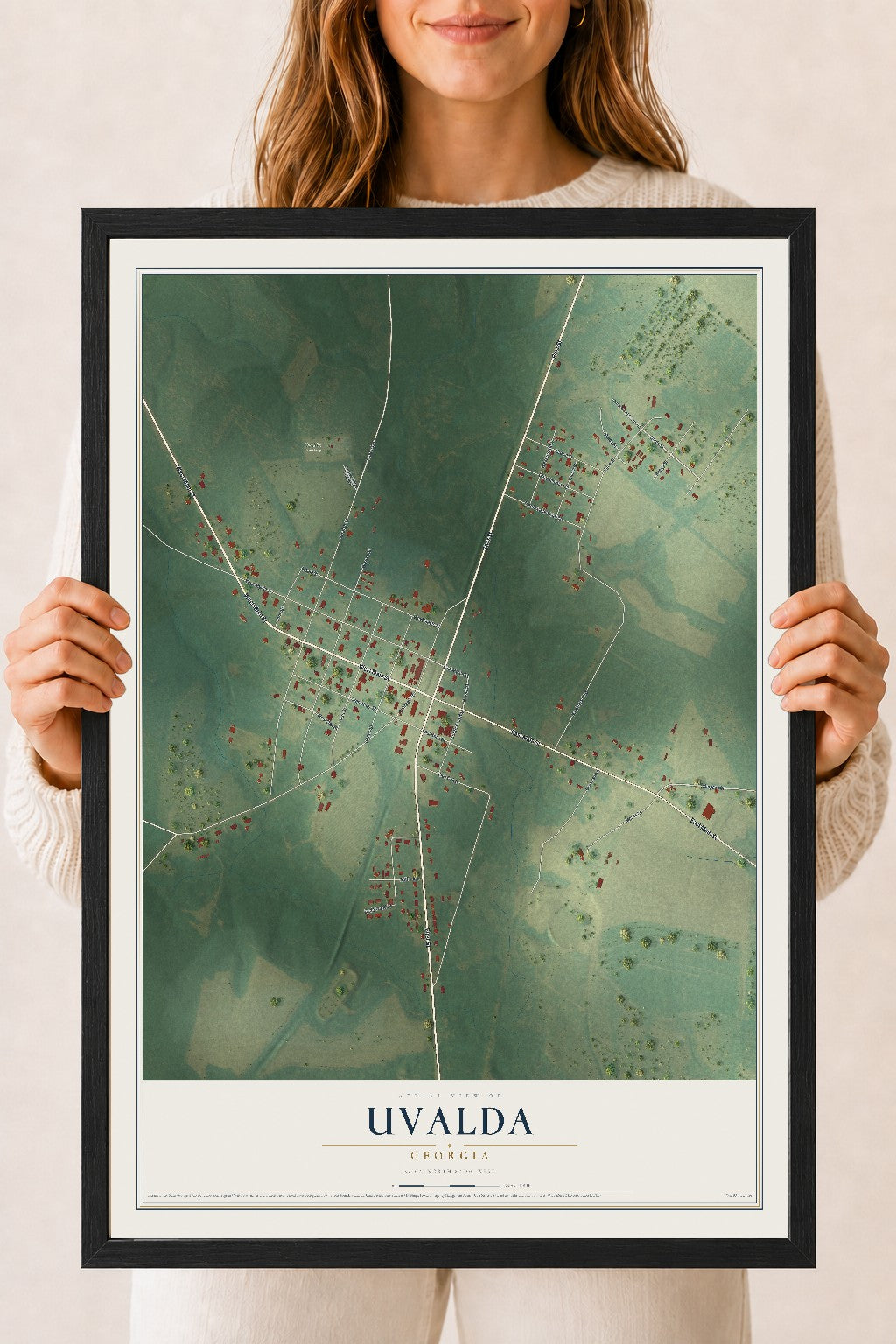 Uvalda, Georgia map print, 18" x 24" W/ Black Ayous Wood Frame mockup