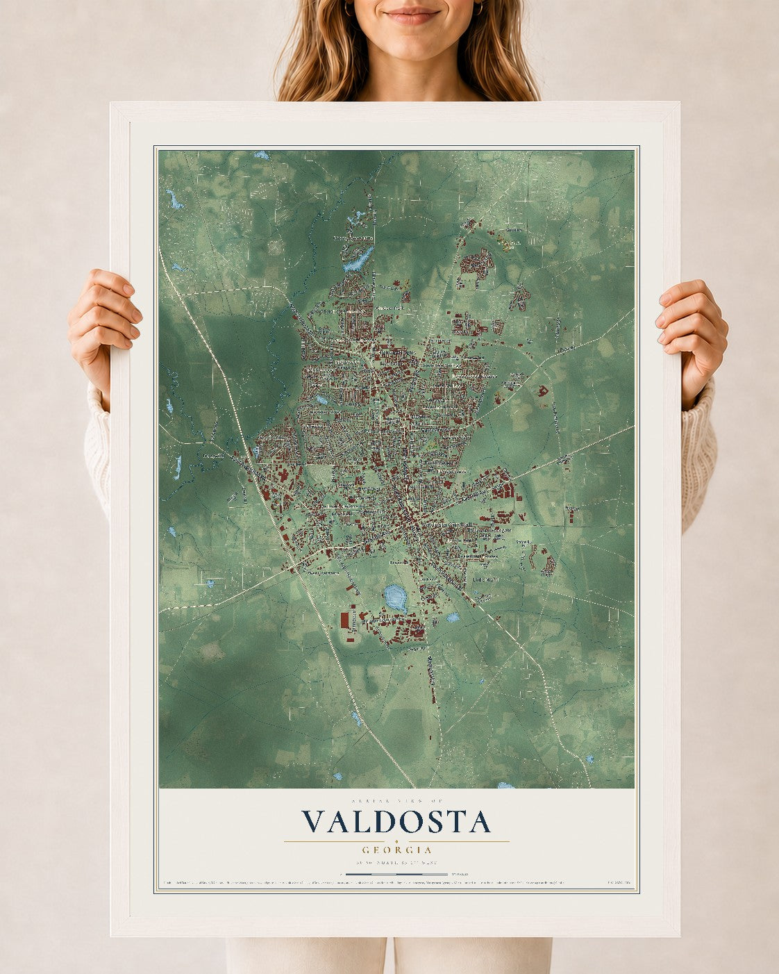 Valdosta, Georgia map print, 24" x 36" W/ White Ayous Wood Frame mockup