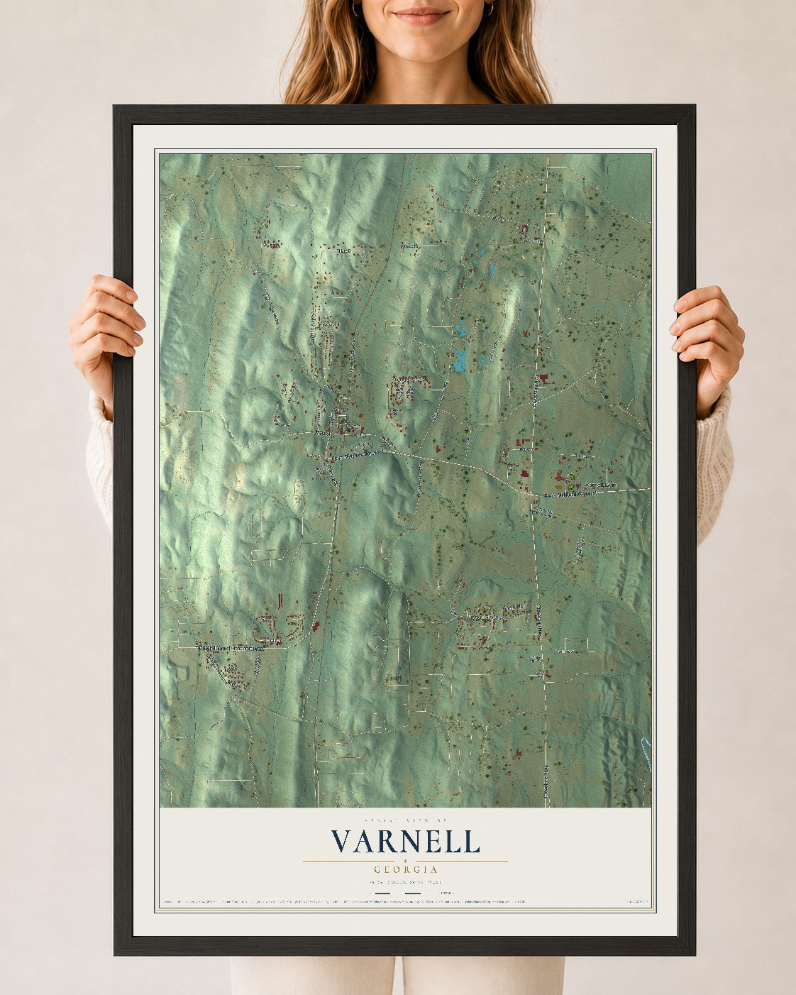 Varnell, Georgia map print, 24" x 36" W/ Black Ayous Wood Frame mockup