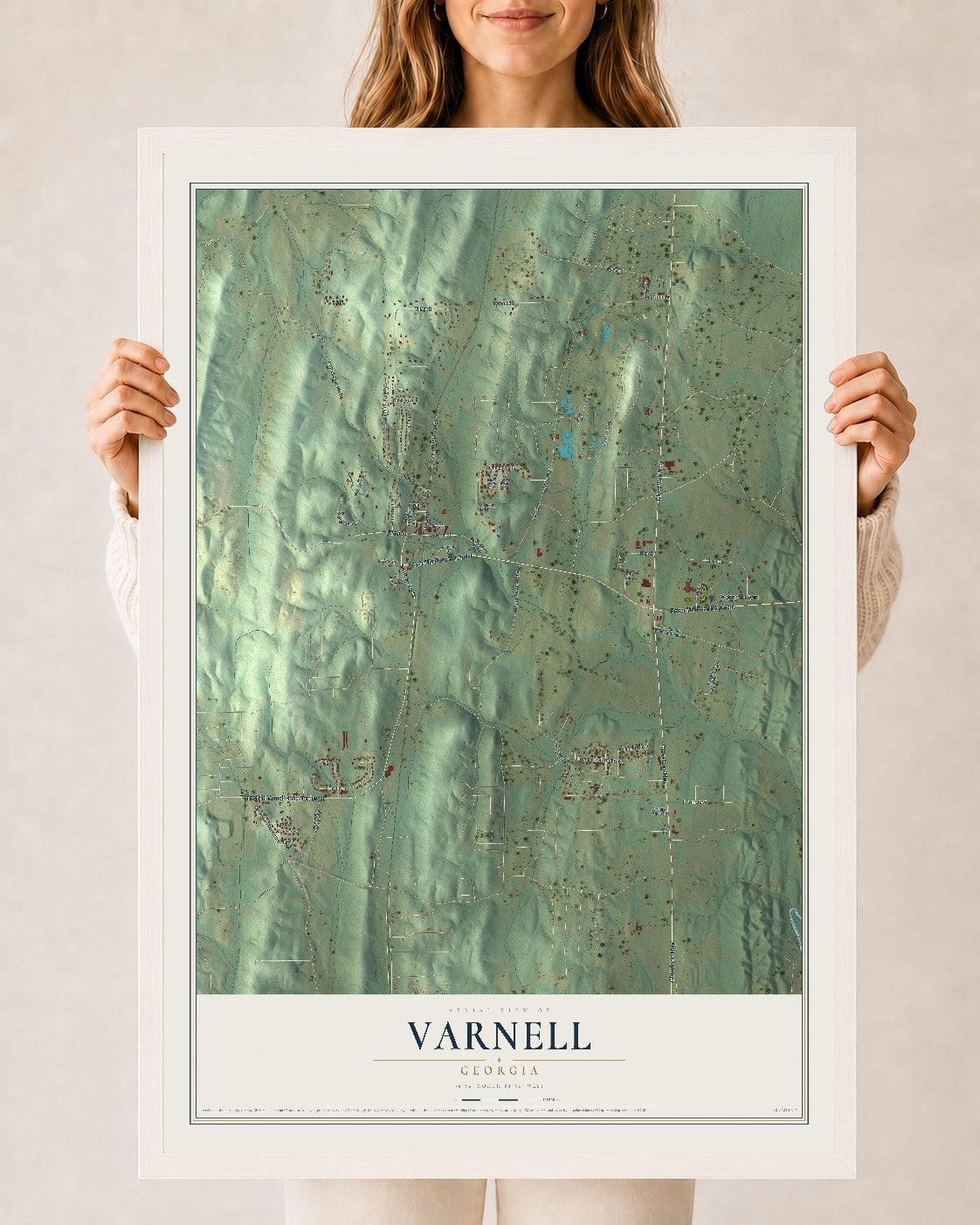 Varnell, Georgia map print, 24" x 36" W/ White Ayous Wood Frame mockup