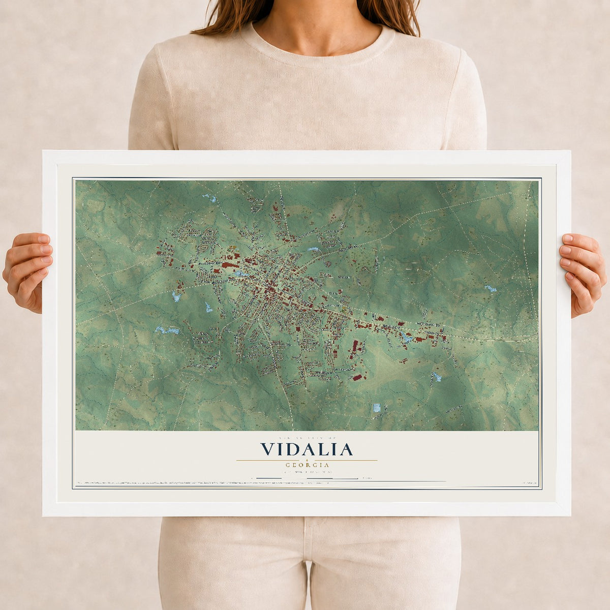Vidalia, Georgia map print, 12" x 18" W/ White Ayous Wood Frame mockup