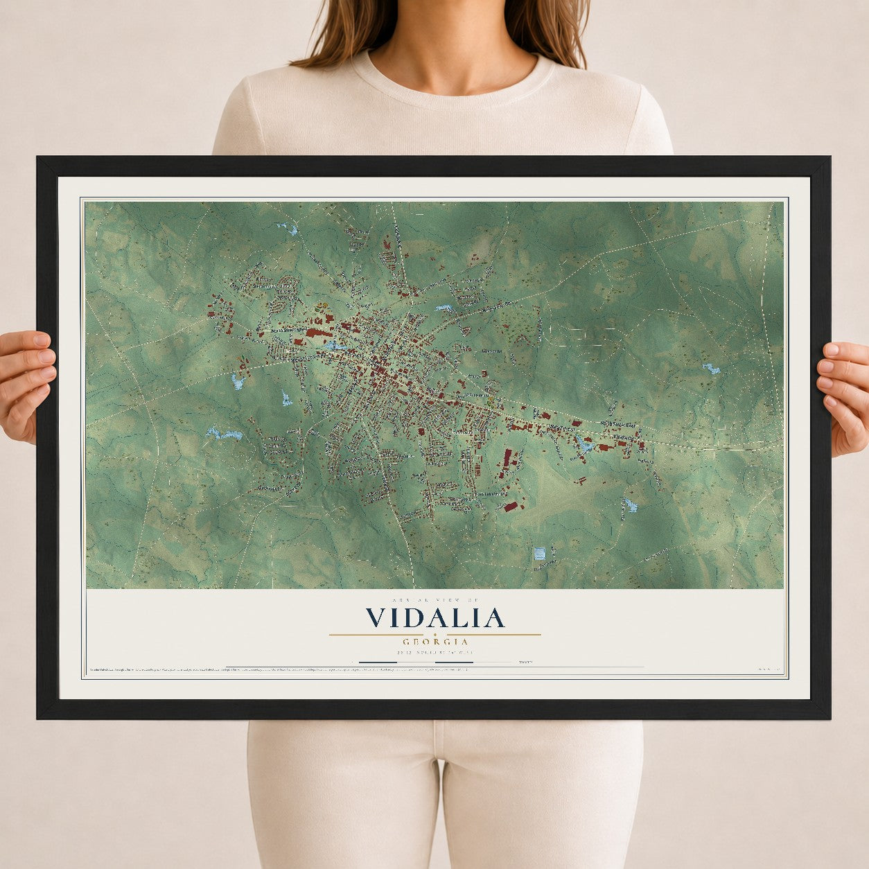 Vidalia, Georgia map print, 18" x 24" W/ Black Ayous Wood Frame mockup