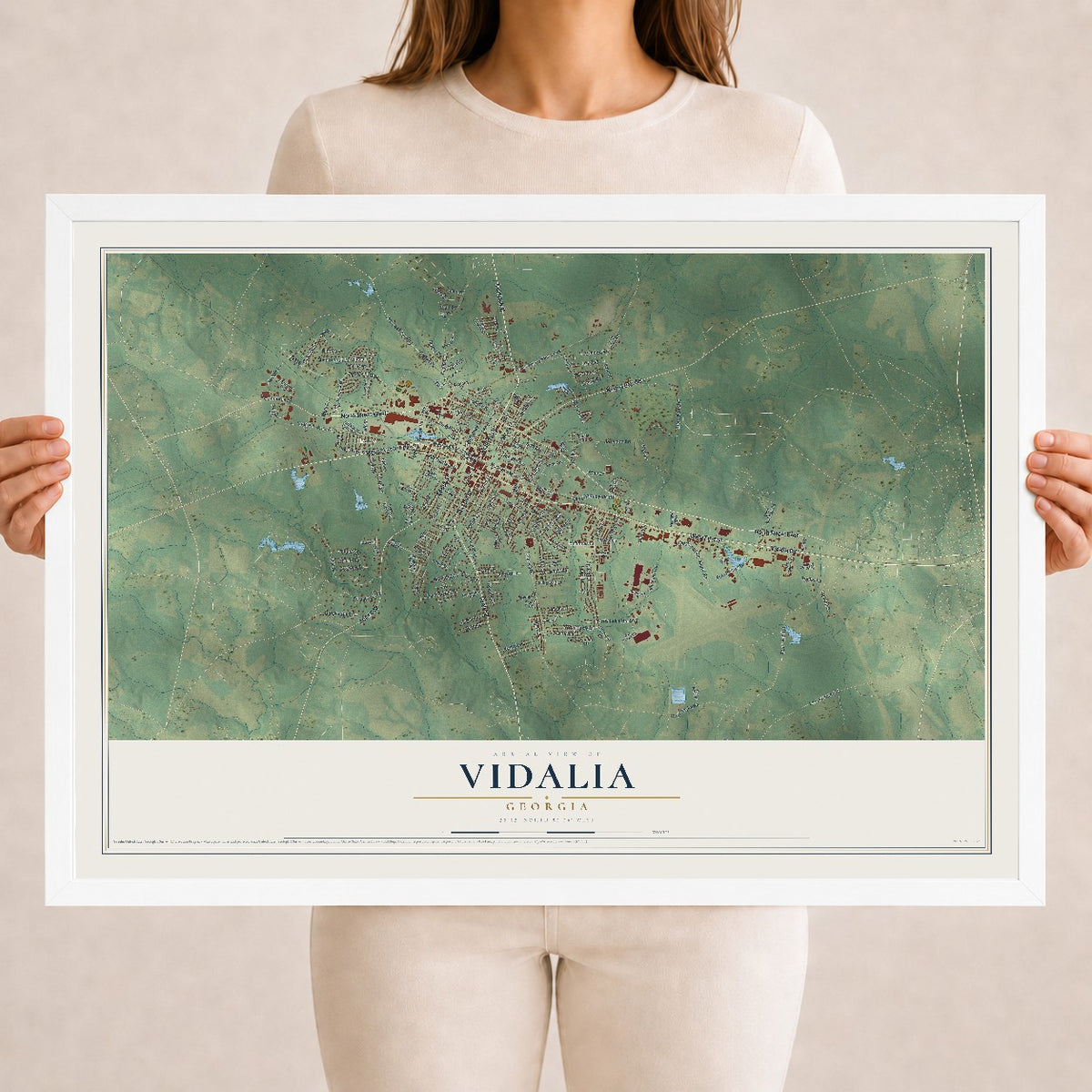 Vidalia, Georgia map print, 18" x 24" W/ White Ayous Wood Frame mockup