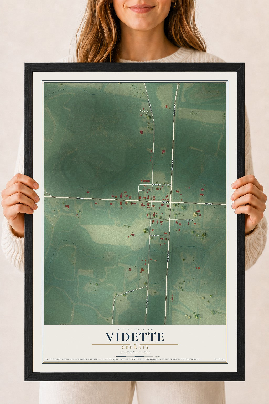 Vidette, Georgia map print, 18" x 24" W/ Black Ayous Wood Frame mockup