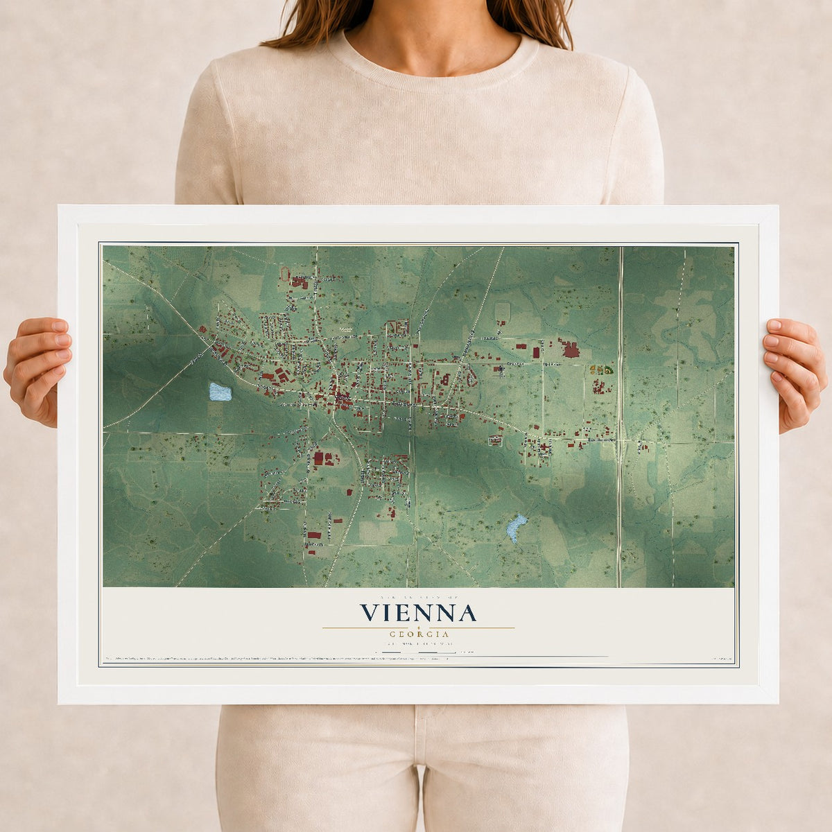 Vienna, Georgia map print, 12" x 18" W/ White Ayous Wood Frame mockup