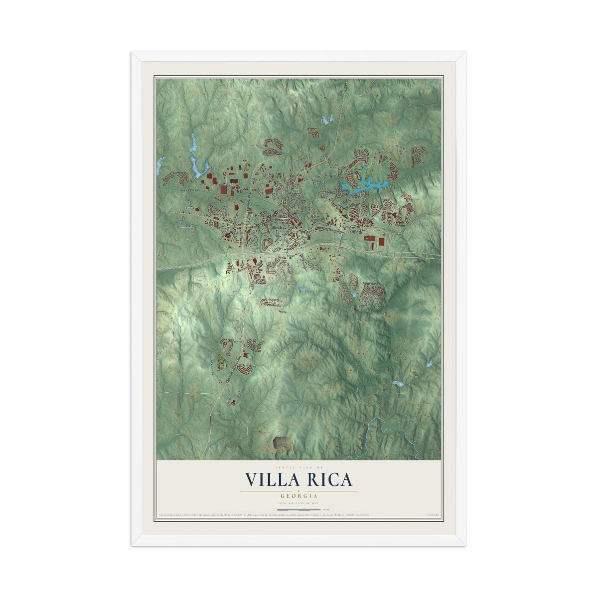 Villa Rica, Georgia map print, 12" x 18" W/ White Ayous Wood Frame mockup