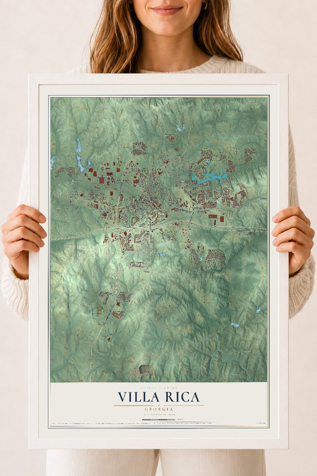 Villa Rica, Georgia map print, 18" x 24" W/ White Ayous Wood Frame mockup