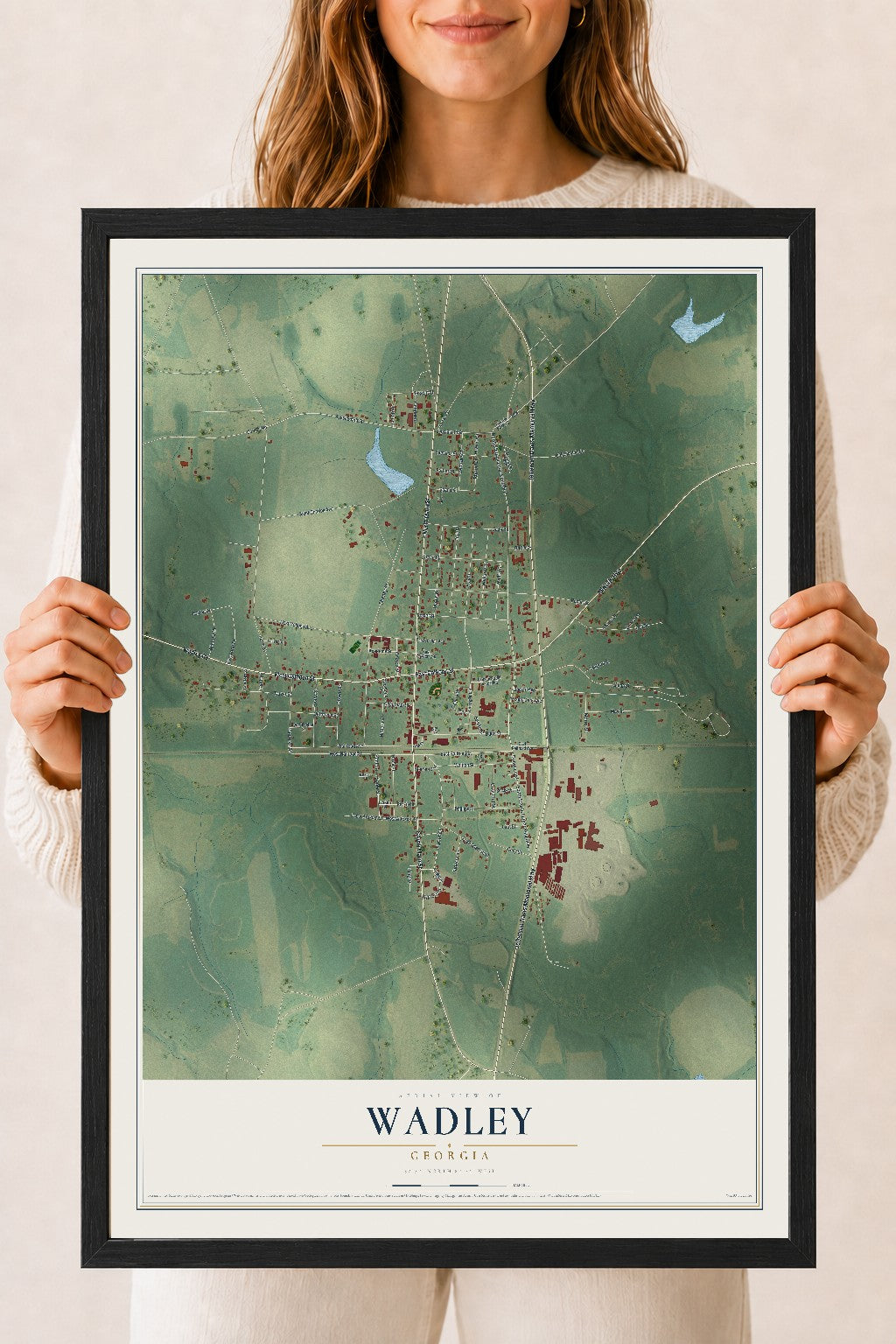 Wadley, Georgia map print, 18" x 24" W/ Black Ayous Wood Frame mockup