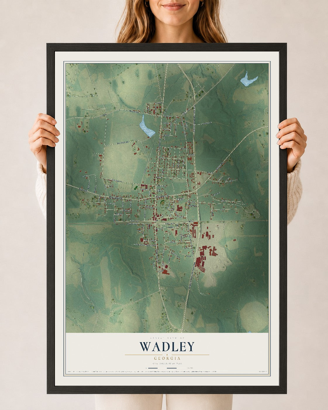 Wadley, Georgia map print, 24" x 36" W/ Black Ayous Wood Frame mockup
