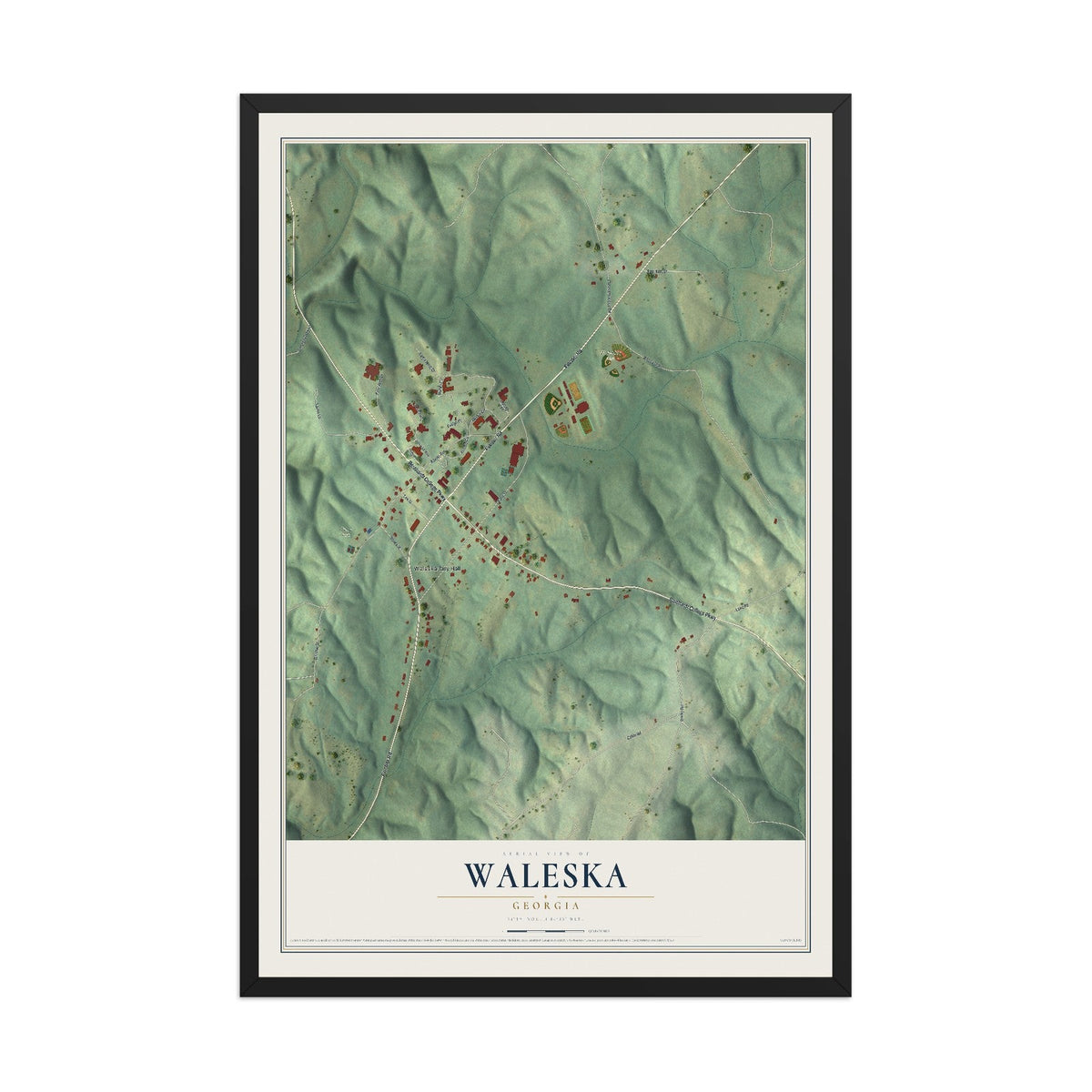 Map of Waleska, Georgia, 12 x 18 inch print in a black wood frame