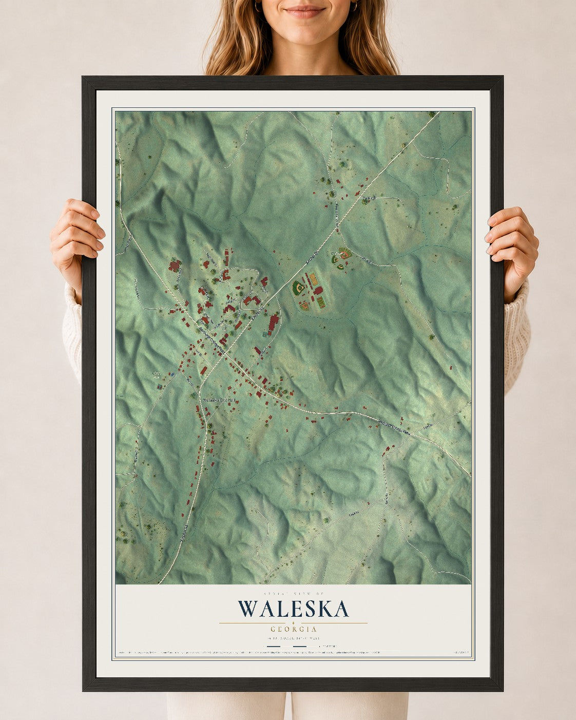 Waleska, Georgia map print, 24" x 36" W/ Black Ayous Wood Frame mockup