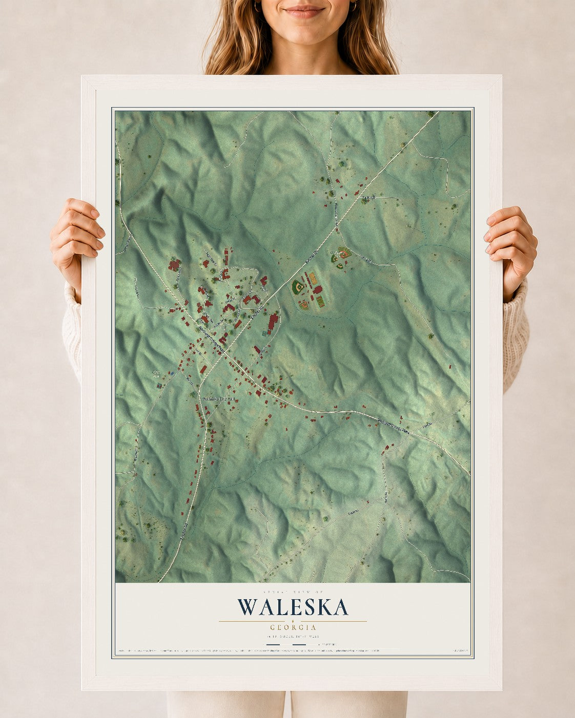 Waleska, Georgia map print, 24" x 36" W/ White Ayous Wood Frame mockup