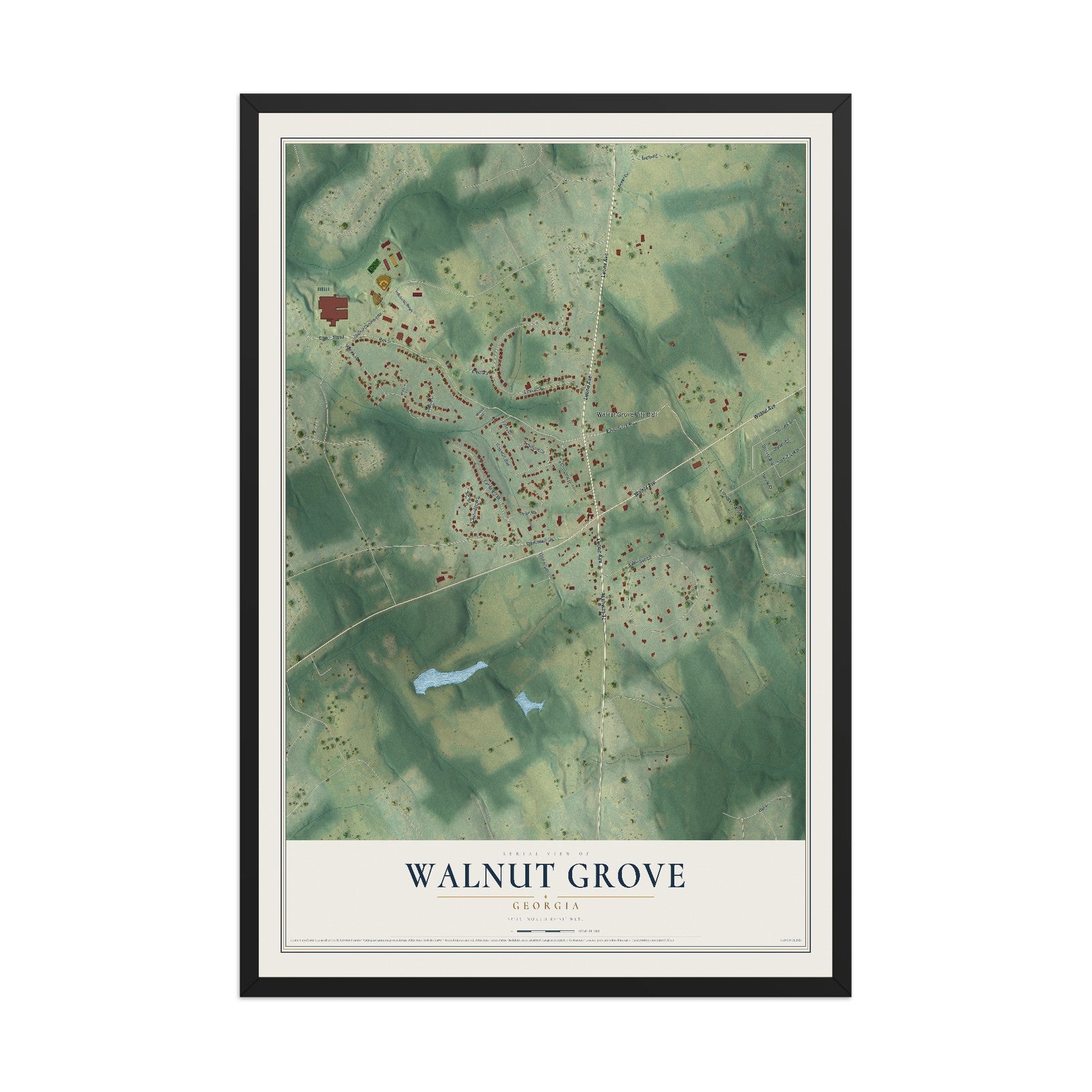 Walnut Grove, Georgia map print, 12" x 18" W/ Black Ayous Wood Frame mockup