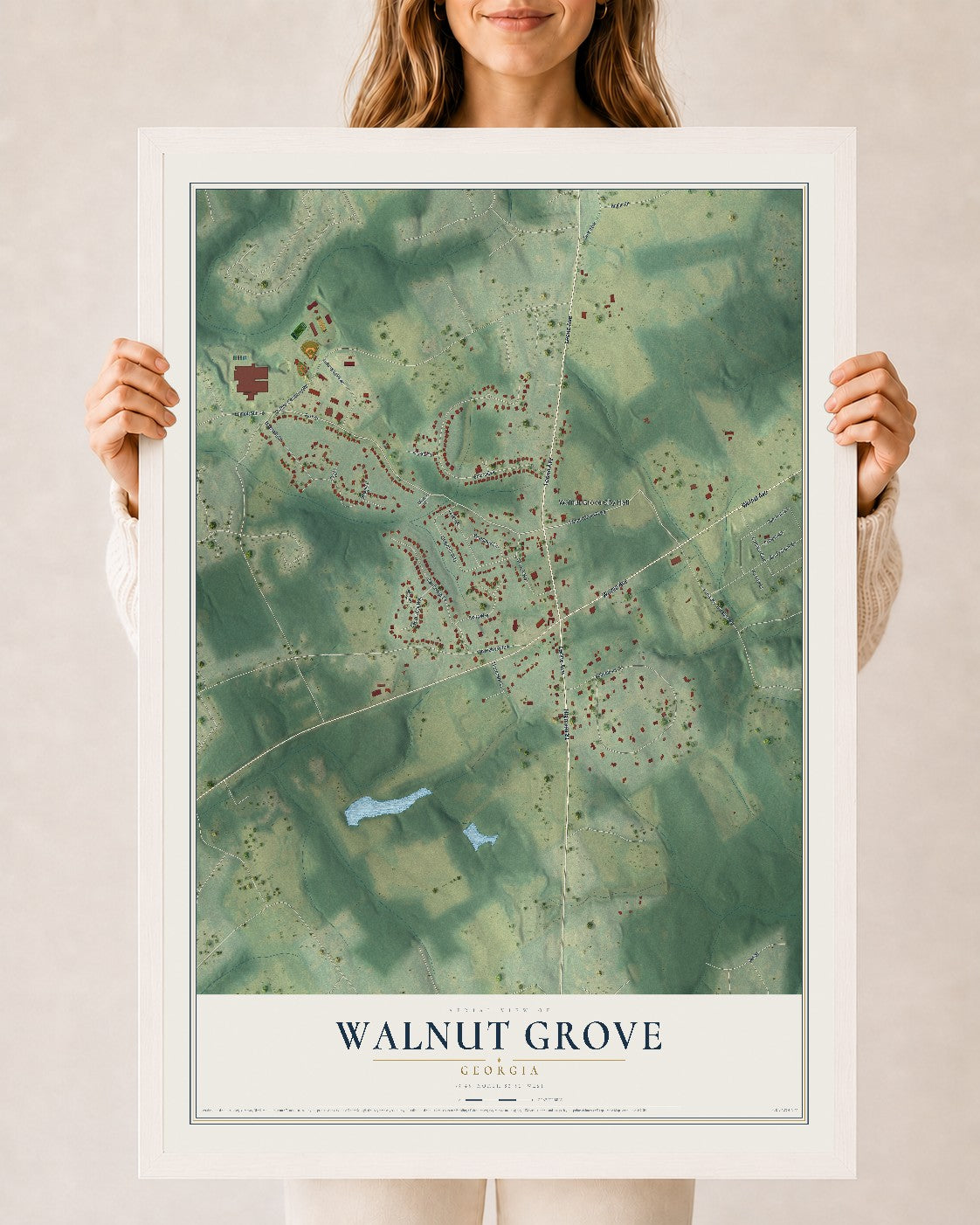 Walnut Grove, Georgia map print, 24" x 36" W/ White Ayous Wood Frame mockup