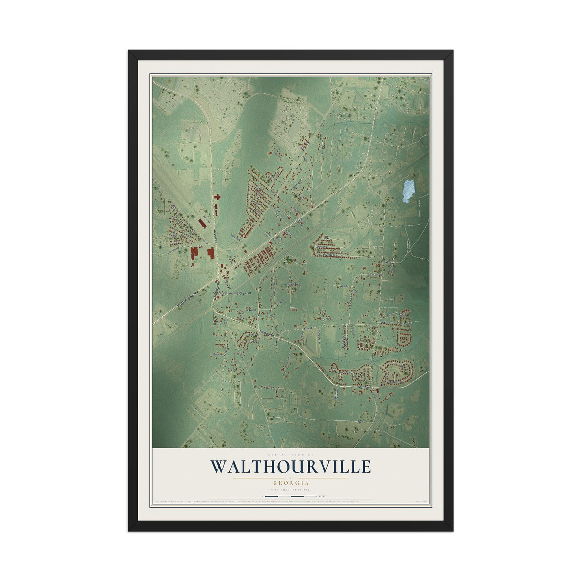 Walthourville, Georgia map print, 12" x 18" W/ Black Ayous Wood Frame mockup