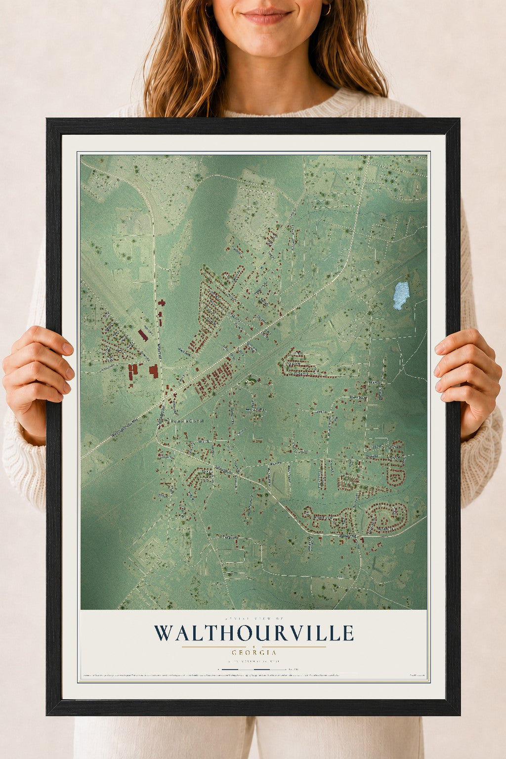 Walthourville, Georgia map print, 18" x 24" W/ Black Ayous Wood Frame mockup