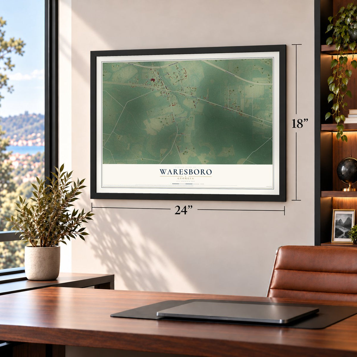 Waresboro, Georgia map, 18 x 24 inch print in a black frame in a home office