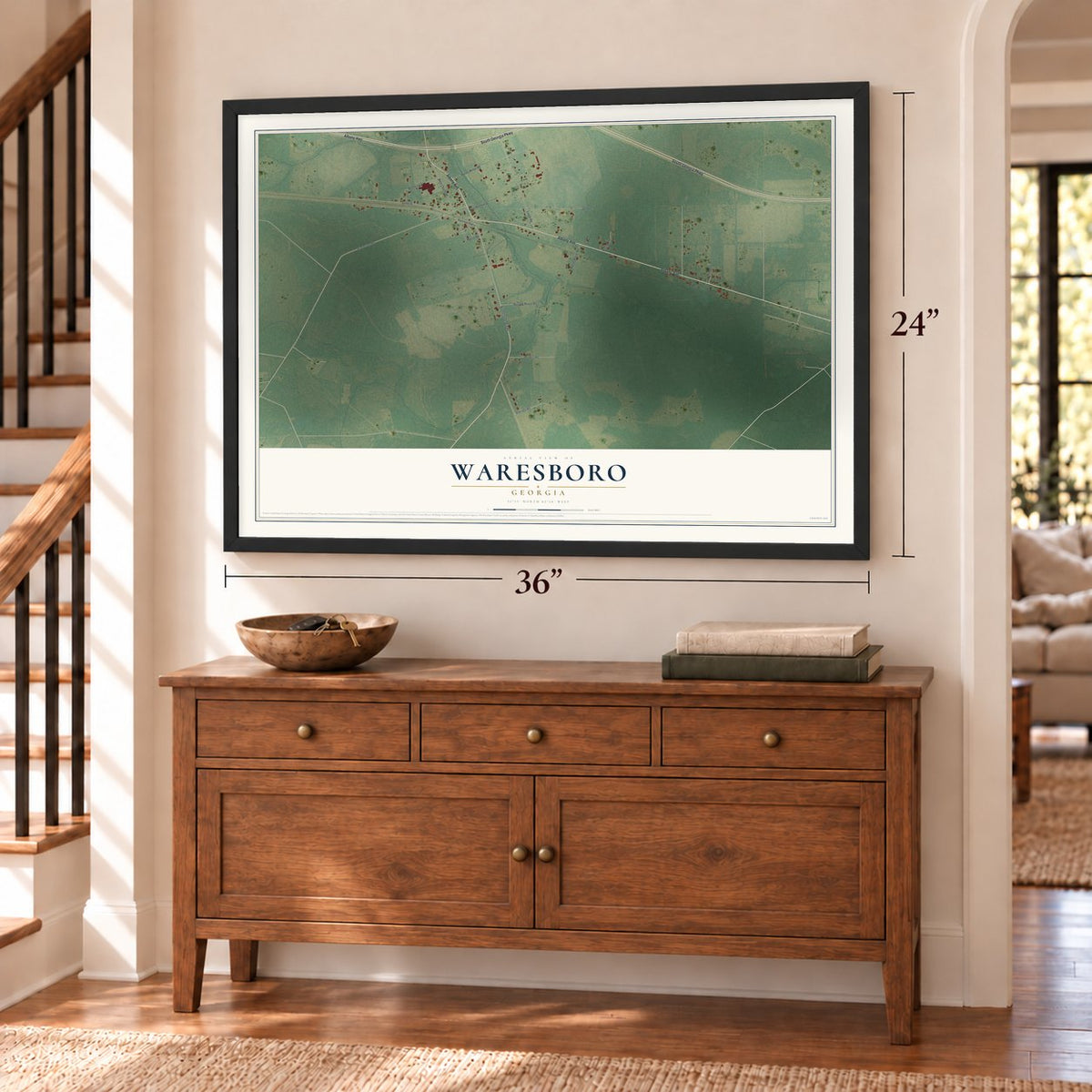 Waresboro, Georgia map, 24 x 36 inch print in a black frame above a dresser by a staircase