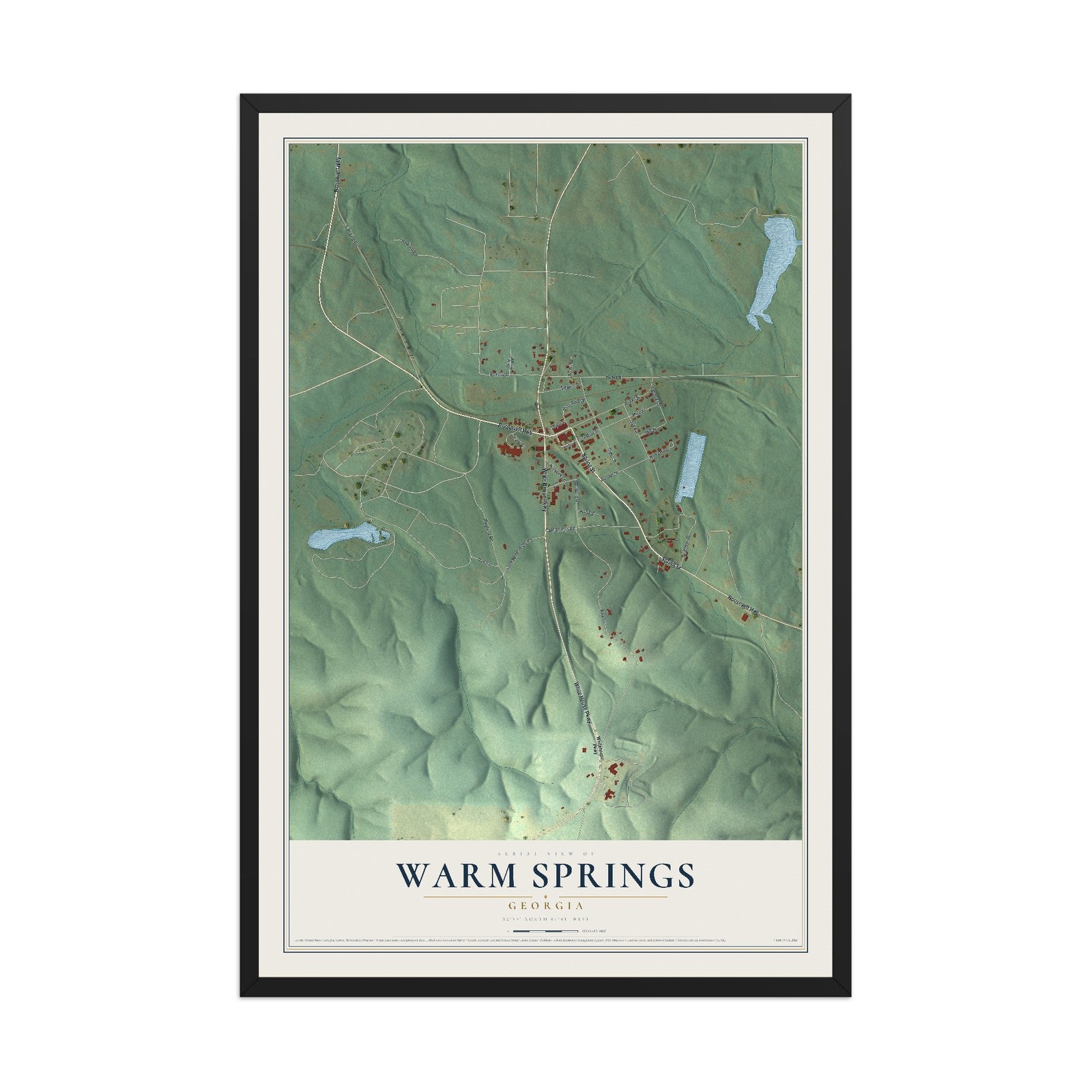 Warm Springs, Georgia map print, 12" x 18" W/ Black Ayous Wood Frame mockup