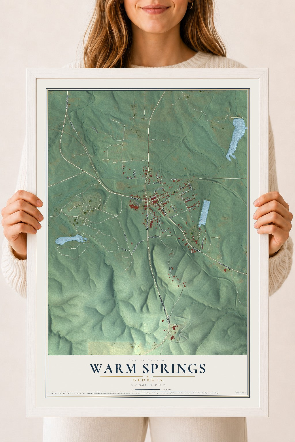 Warm Springs, Georgia map print, 18" x 24" W/ White Ayous Wood Frame mockup