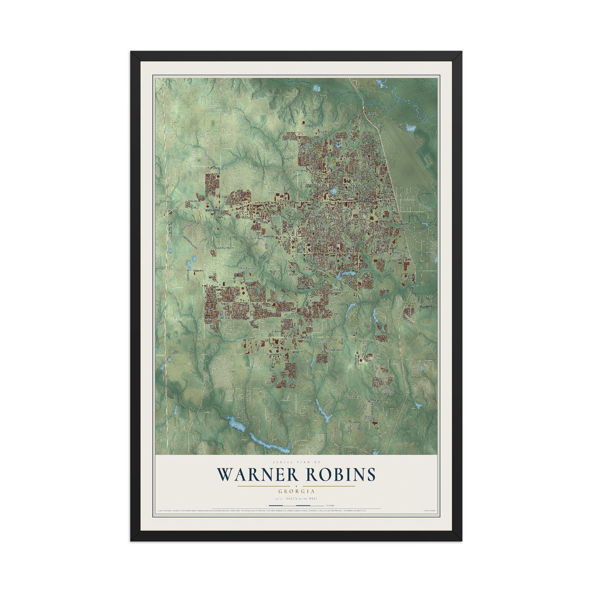 Warner Robins, Georgia map print, 12" x 18" W/ Black Ayous Wood Frame mockup