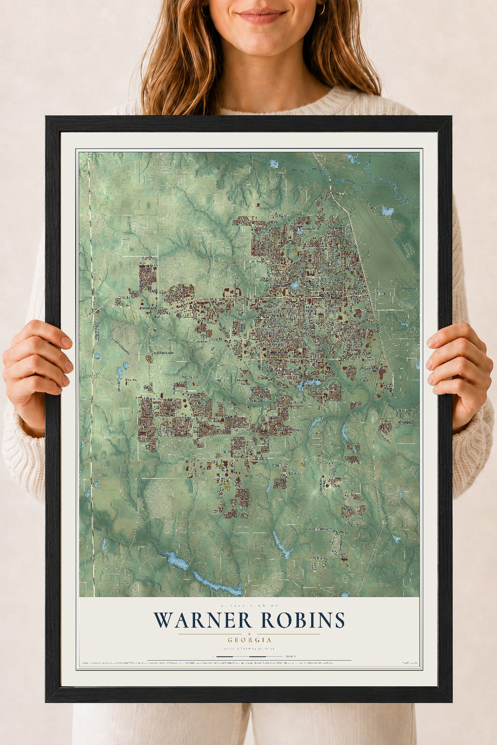 Warner Robins, Georgia map print, 18" x 24" W/ Black Ayous Wood Frame mockup