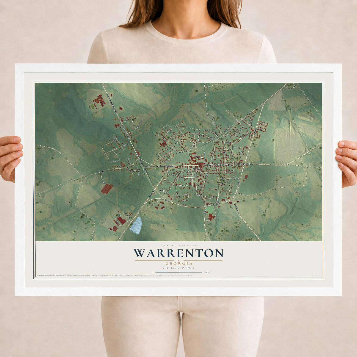Warrenton, Georgia map print, 18" x 24" W/ White Ayous Wood Frame mockup