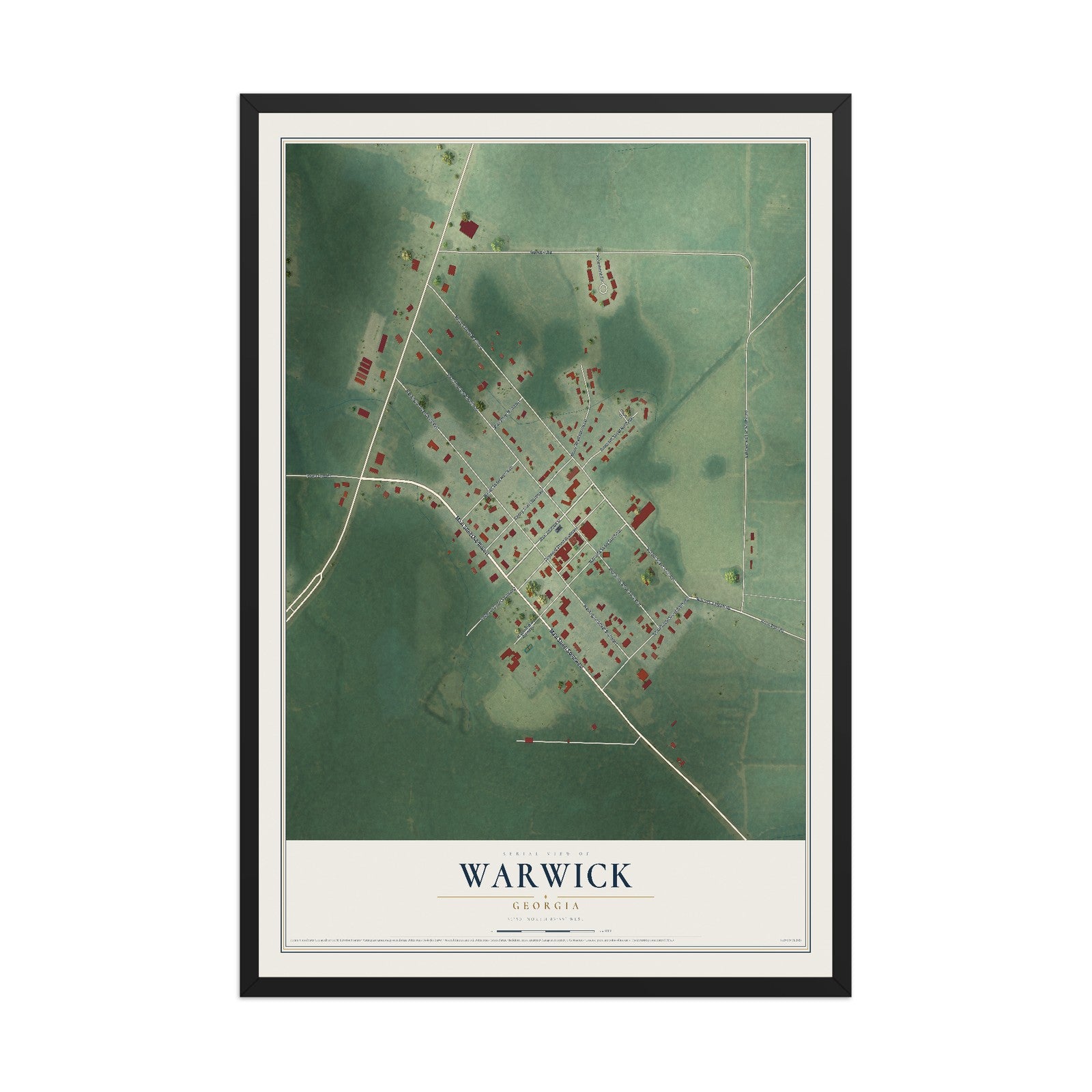 Warwick, Georgia map print, 12" x 18" W/ Black Ayous Wood Frame mockup
