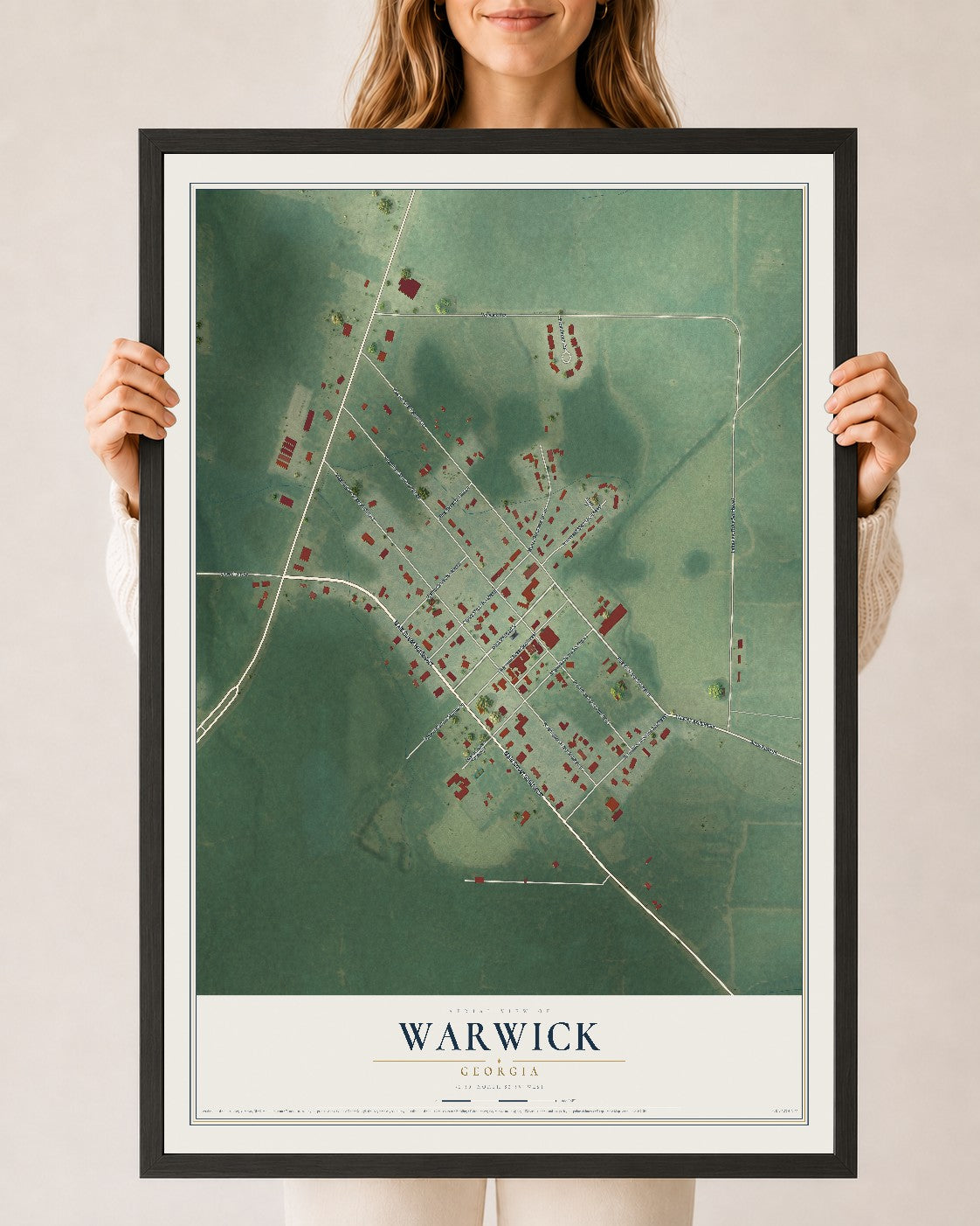Warwick, Georgia map print, 24" x 36" W/ Black Ayous Wood Frame mockup