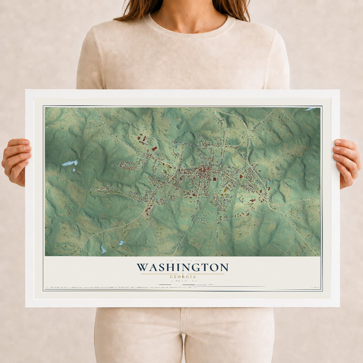 Washington, Georgia map print, 12" x 18" W/ White Ayous Wood Frame mockup