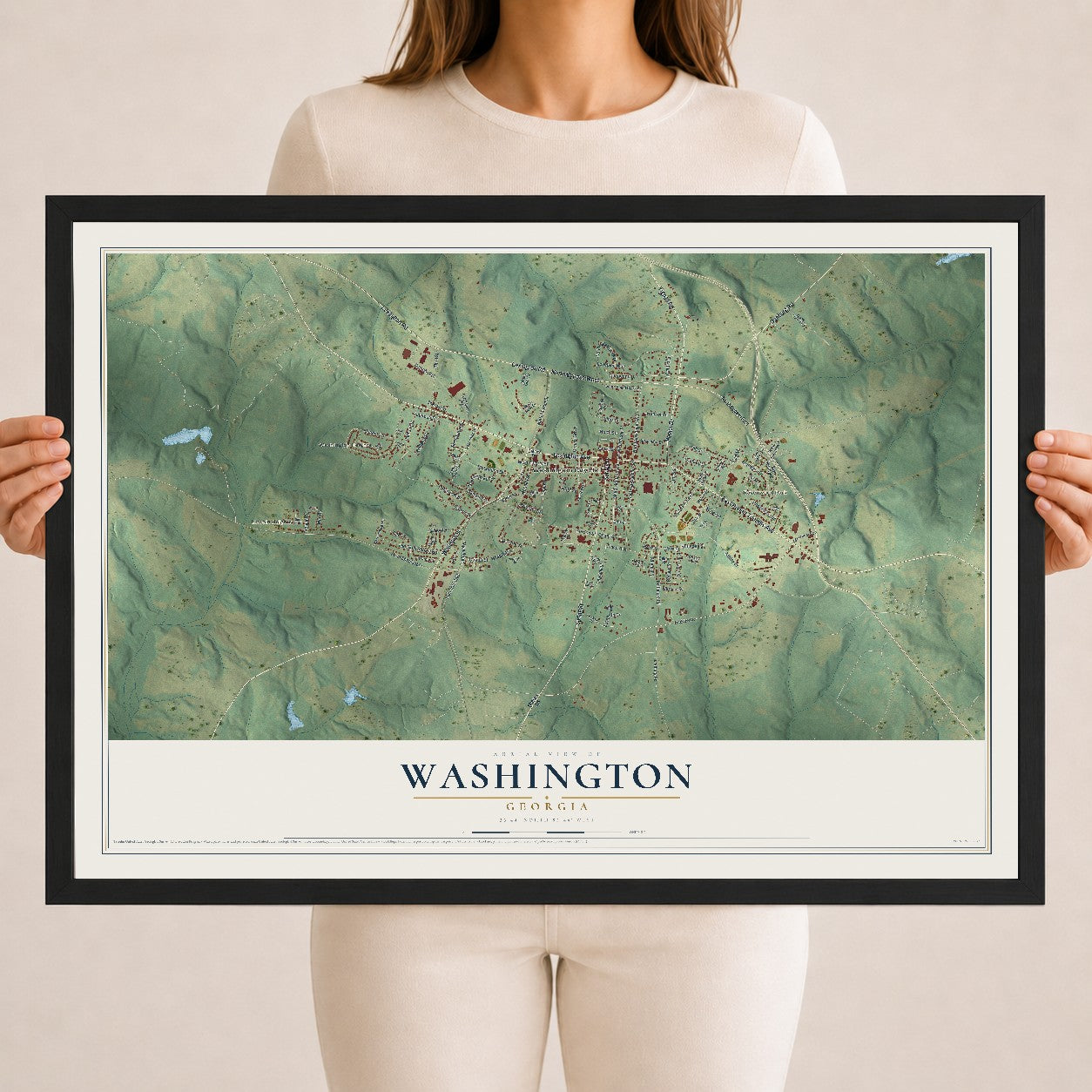 Washington, Georgia map print, 18" x 24" W/ Black Ayous Wood Frame mockup