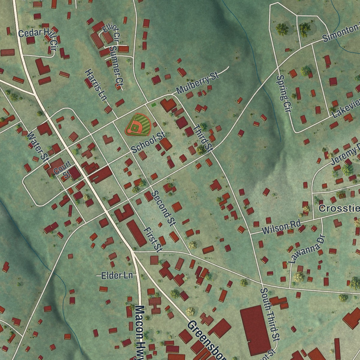 Close-up 2 of the Watkinsville, Georgia map artwork