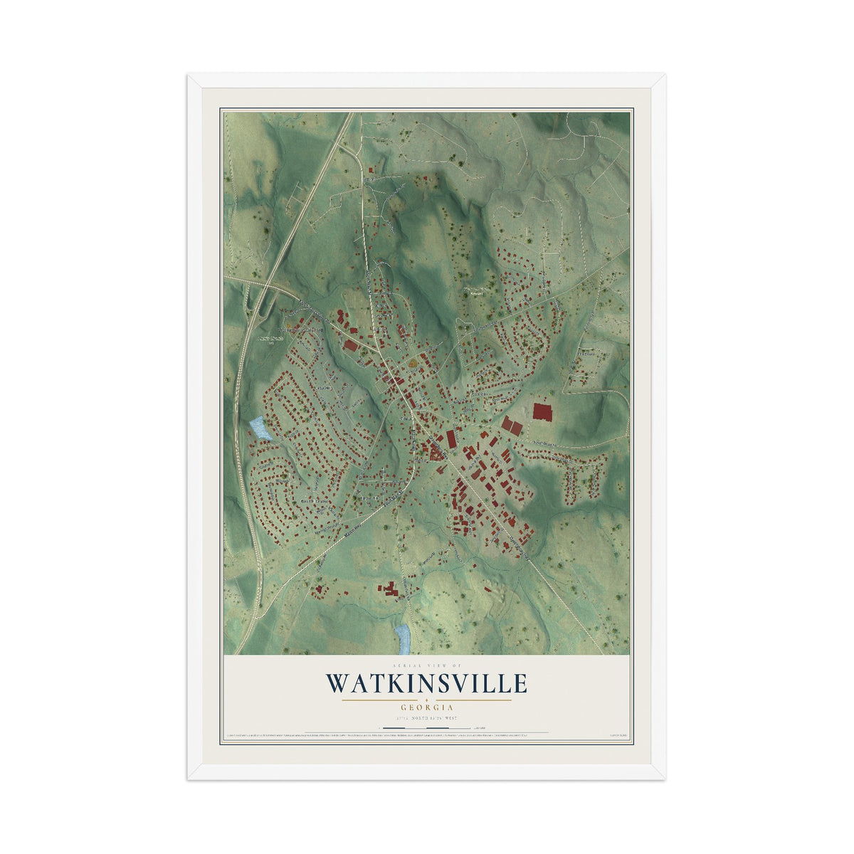 Watkinsville, Georgia map print, 12" x 18" W/ White Ayous Wood Frame mockup