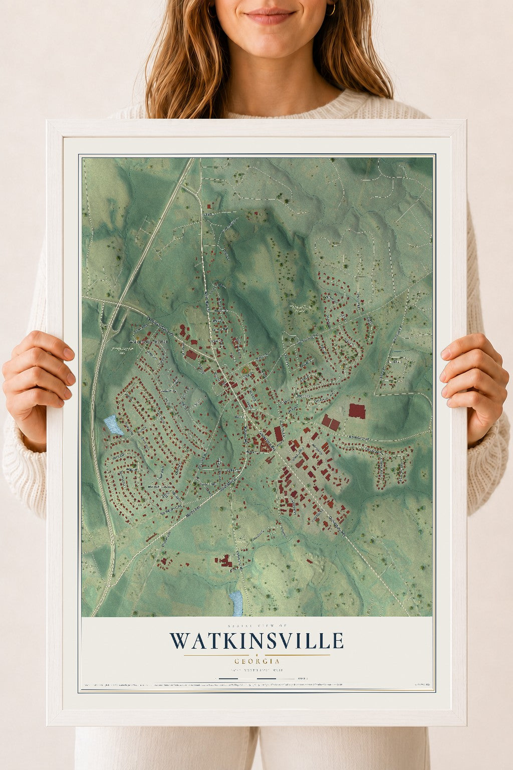 Watkinsville, Georgia map print, 18" x 24" W/ White Ayous Wood Frame mockup