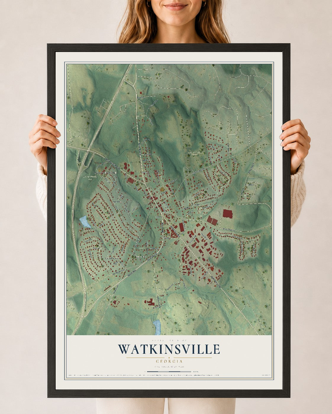 Watkinsville, Georgia map print, 24" x 36" W/ Black Ayous Wood Frame mockup