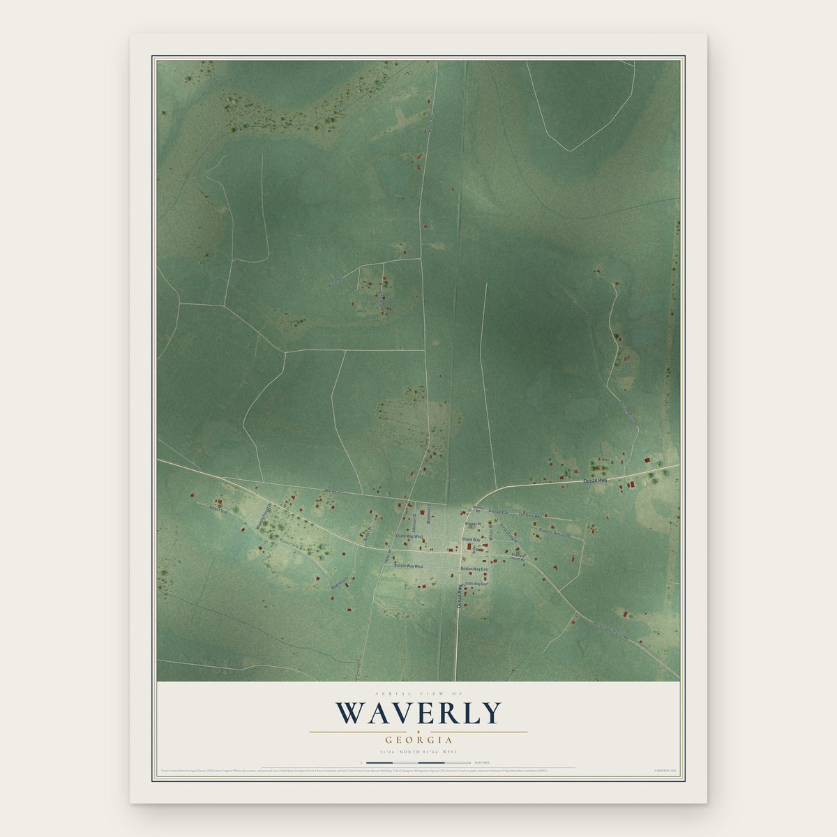 Waverly, Georgia map print, the full design