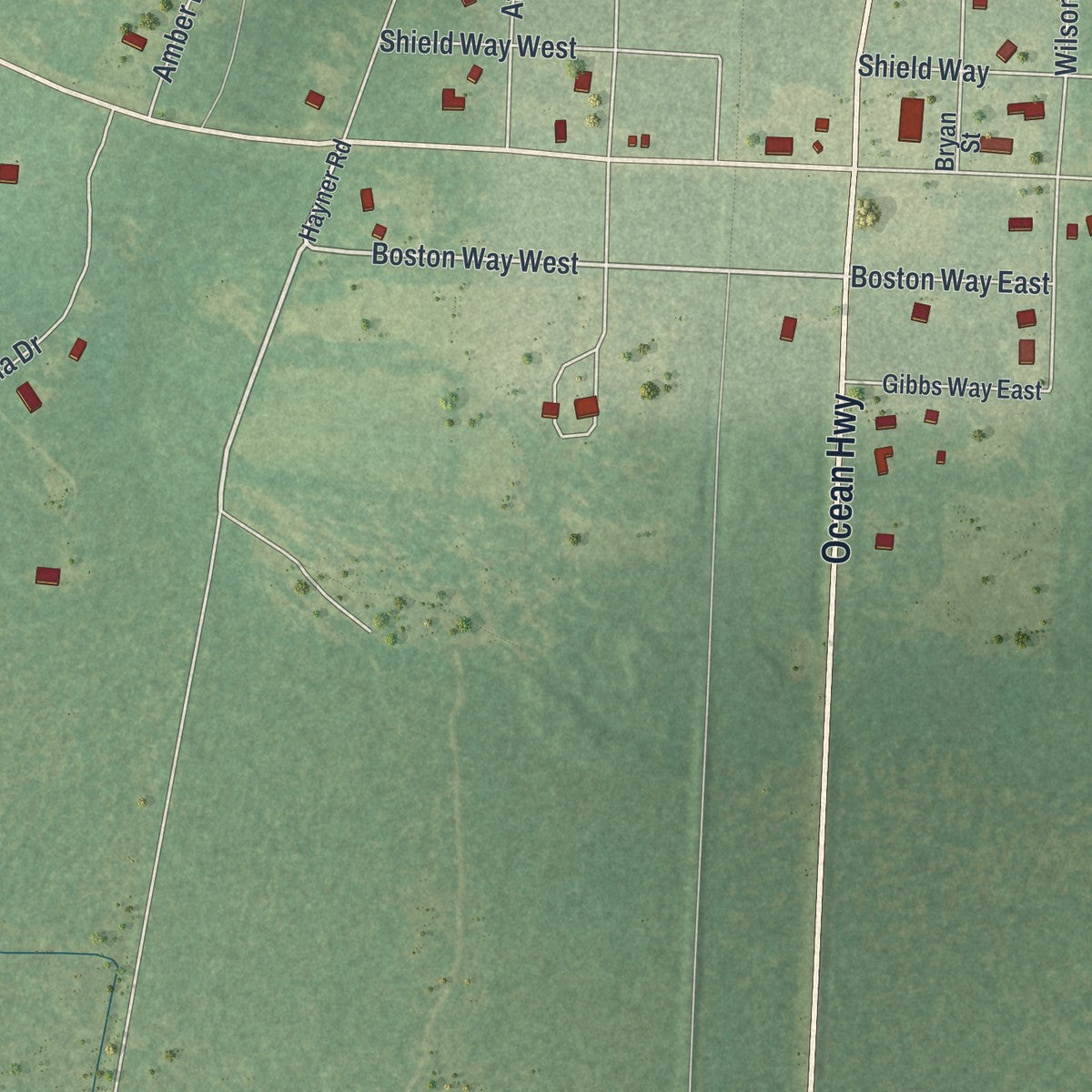 Close-up of the map of Waverly, Georgia print showing street and building detail