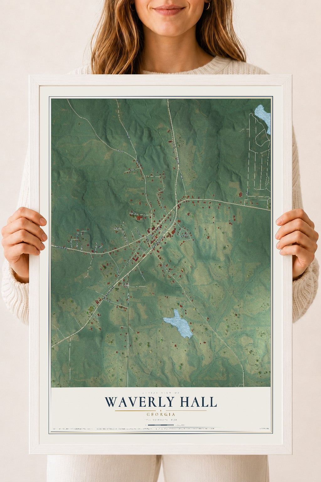 Waverly Hall, Georgia map print, 18" x 24" W/ White Ayous Wood Frame mockup