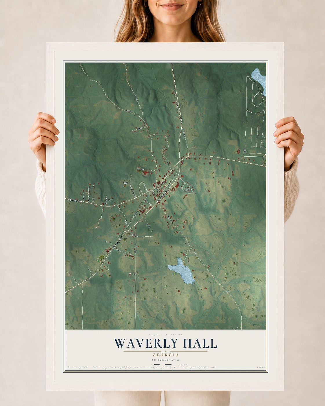 Waverly Hall, Georgia map print, 24" x 36" W/ White Ayous Wood Frame mockup