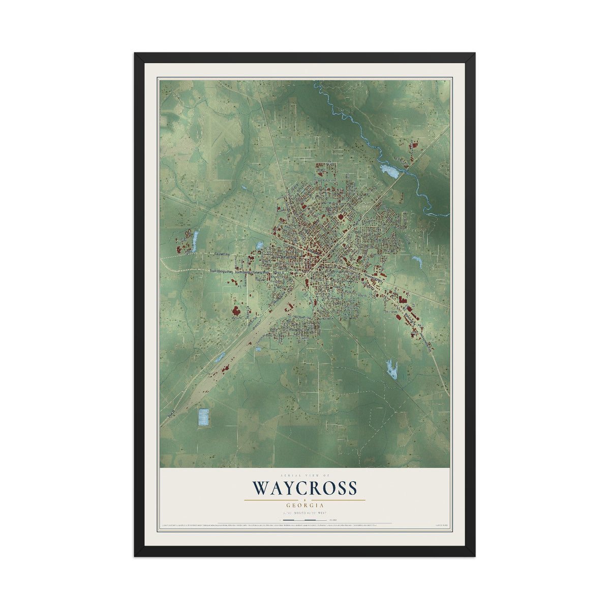 Waycross, Georgia map print, 12" x 18" W/ Black Ayous Wood Frame mockup
