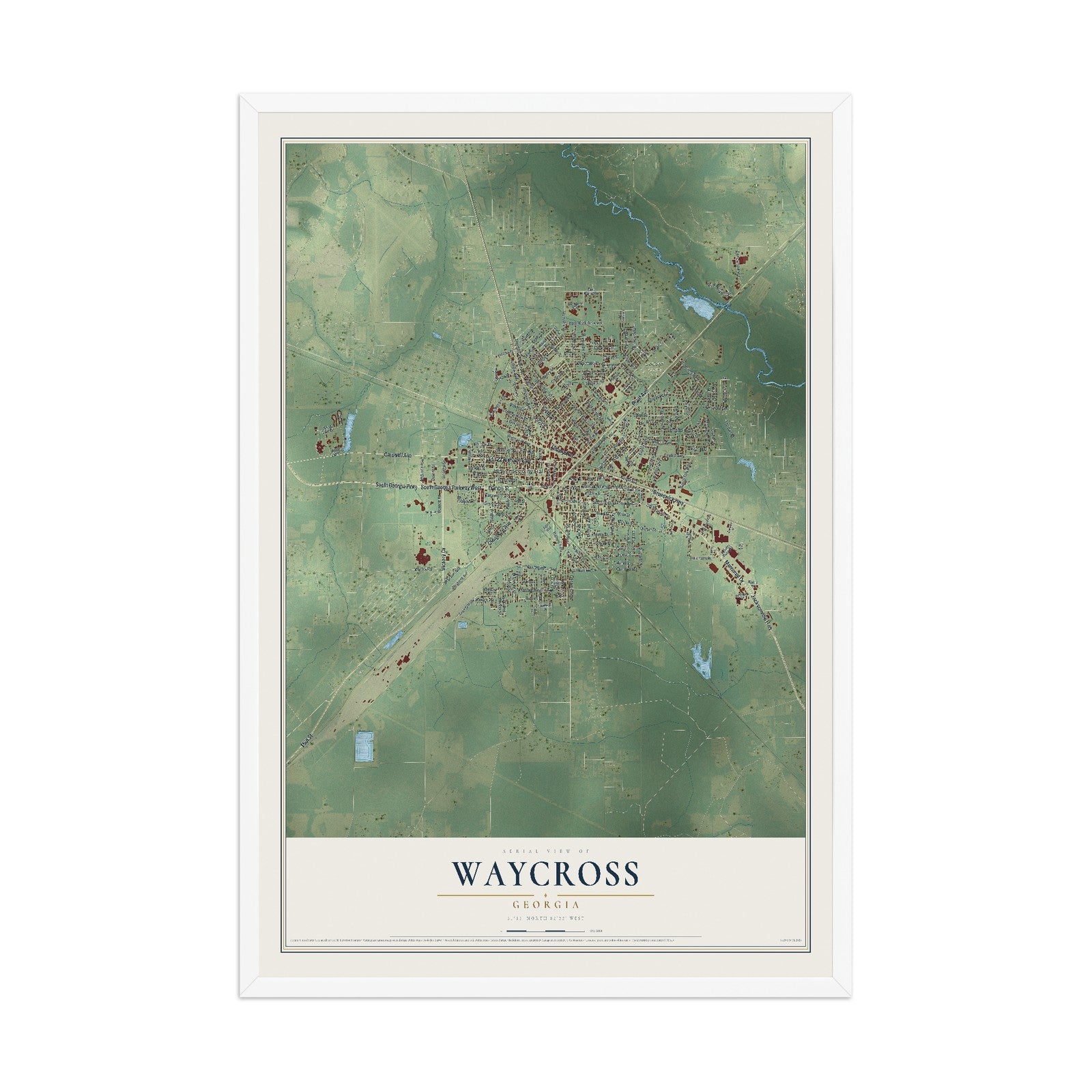 Waycross, Georgia map print, 12" x 18" W/ White Ayous Wood Frame mockup