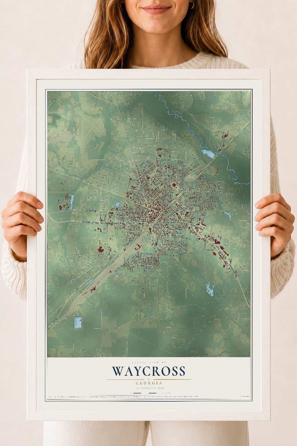 Waycross, Georgia map print, 18" x 24" W/ White Ayous Wood Frame mockup