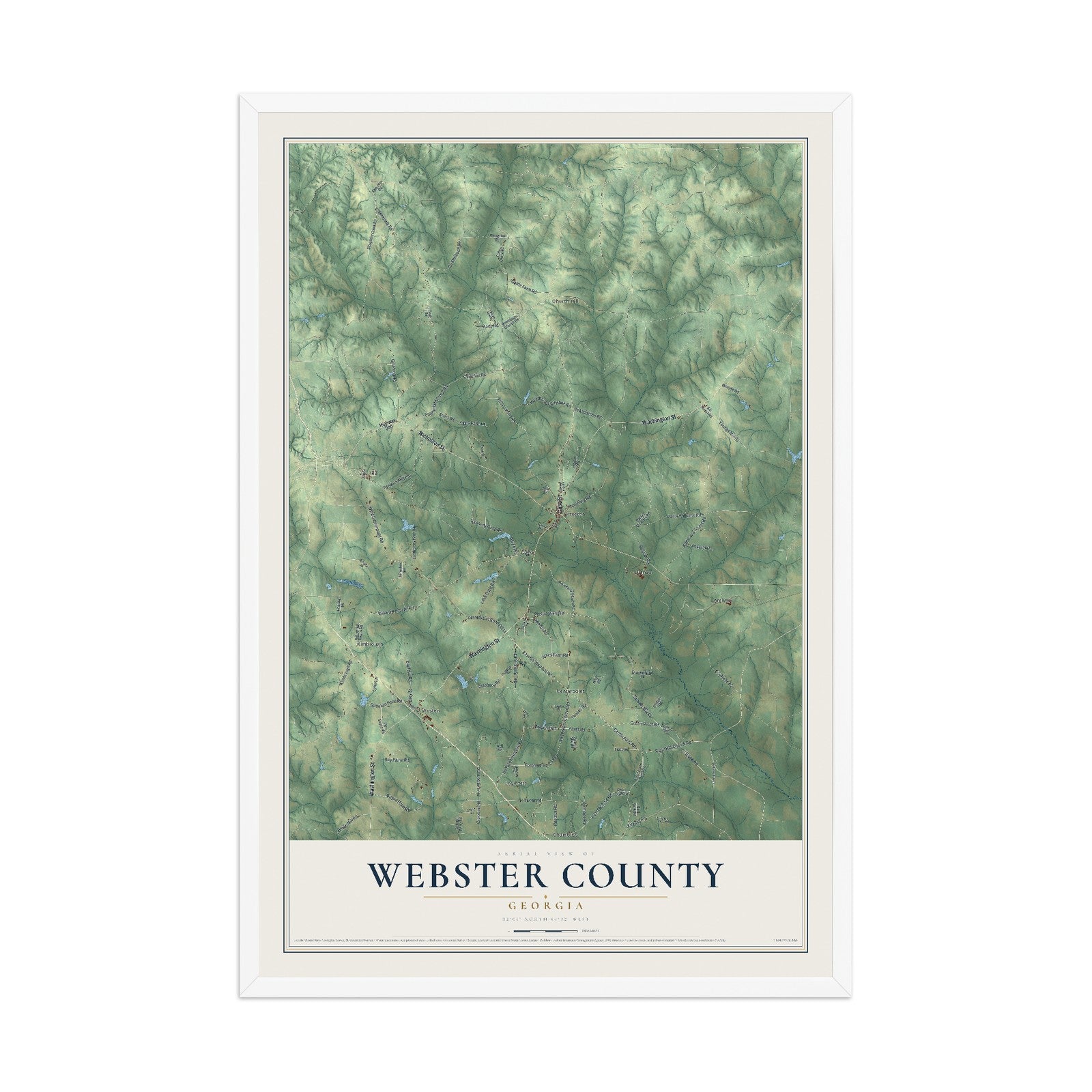 Webster County, Georgia map print, 12" x 18" W/ White Ayous Wood Frame mockup