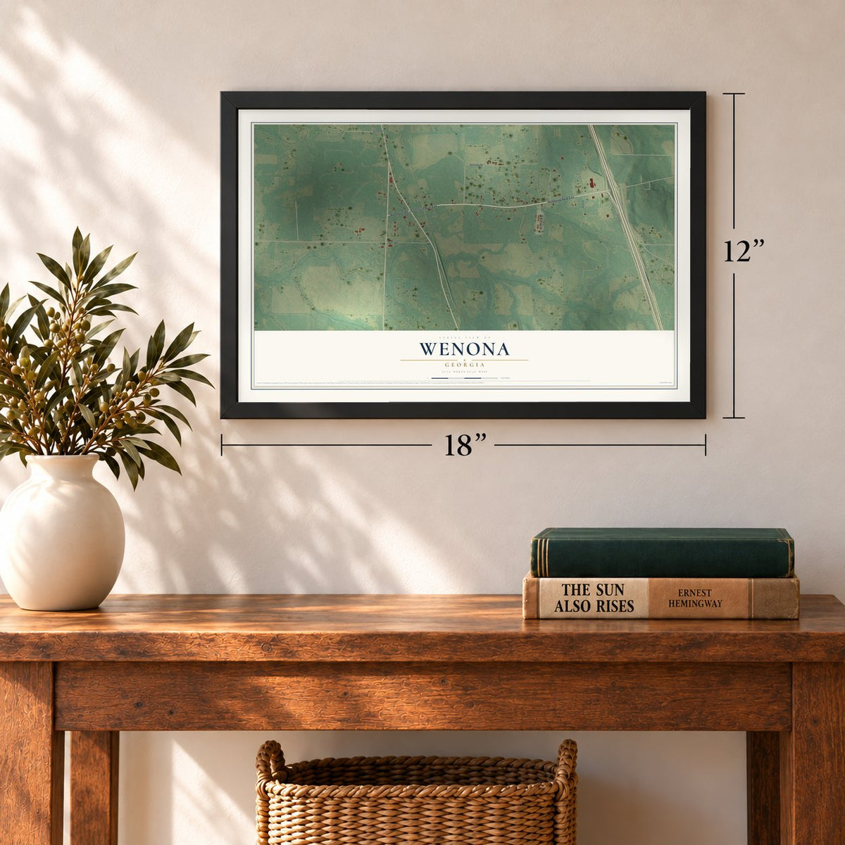 Wenona, Georgia map, 12 x 18 inch print in a black frame in an entryway