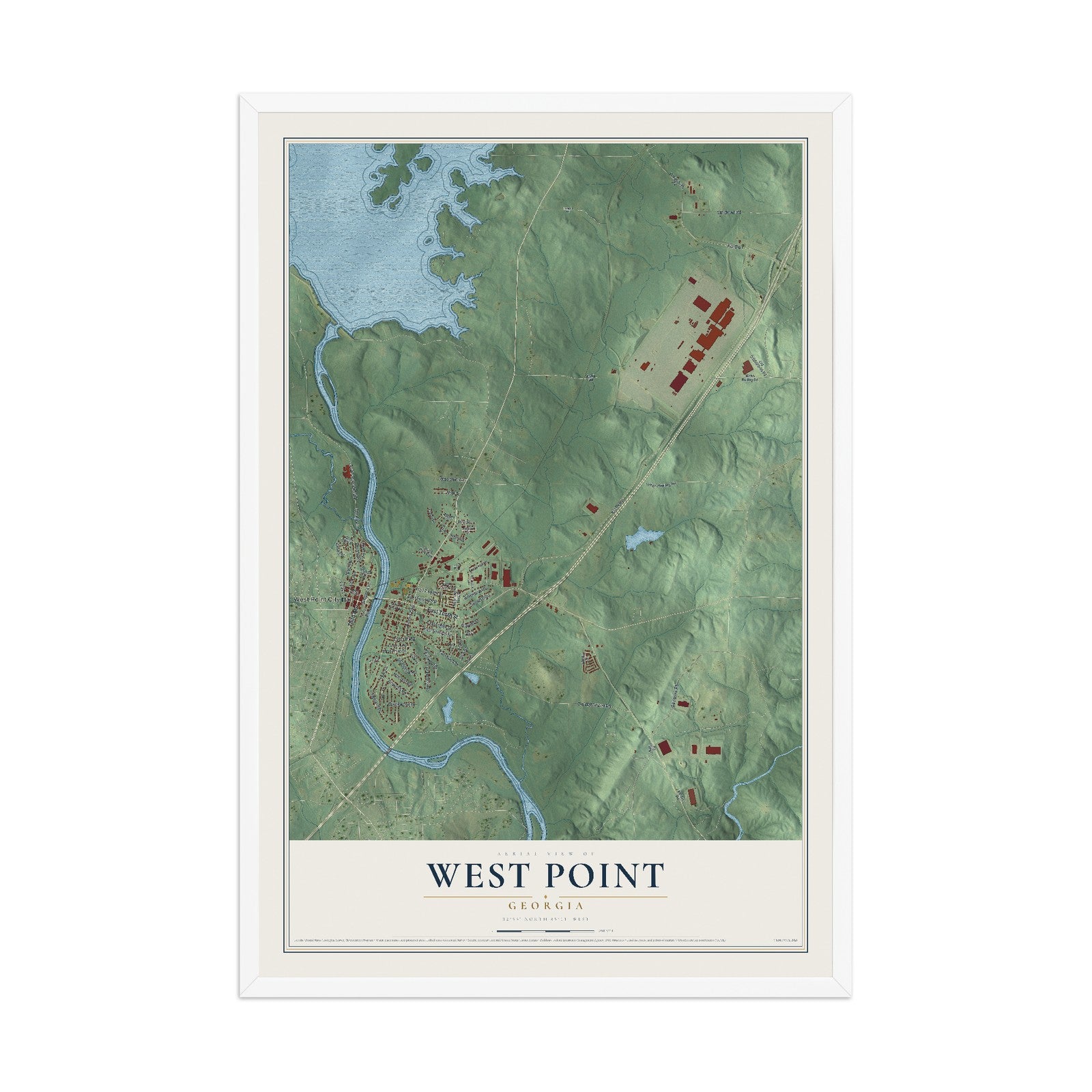 West Point, Georgia map print, 12" x 18" W/ White Ayous Wood Frame mockup